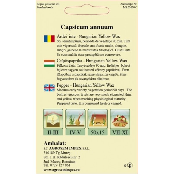Seminte de ardei iute Hungarian Yellow Wax, 0,5 grame, Agrosem