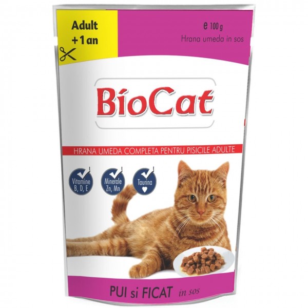 Hrana umeda pentru pisici in plic din pui si ficat in sos, Biocat, 100  grame, Biotur
