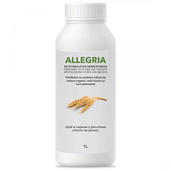 Allegria, Ingrasamant foliar lichid, Fertilizant EC/EU cu microelemente si acizi humici pentru cereale paioase (grau, orz, triticale, orzoaica, ovaz, secara), 1 litru