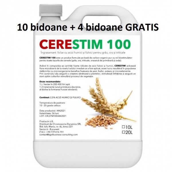 Pachet promotional Ingrasamant foliar cu carbon organic pentru grau, orz, triticale, Cerestim 100, 10 litri, SemPlus, 10+4 GRATIS