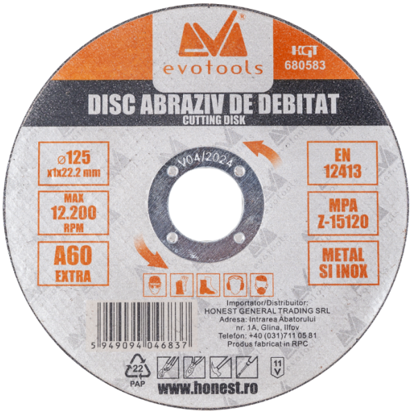 Disc abraziv de debitat, model ETS A46 Extra, granulatie 46, diametru 230 mm, grosime 1,9 mm, Evotools, 680587