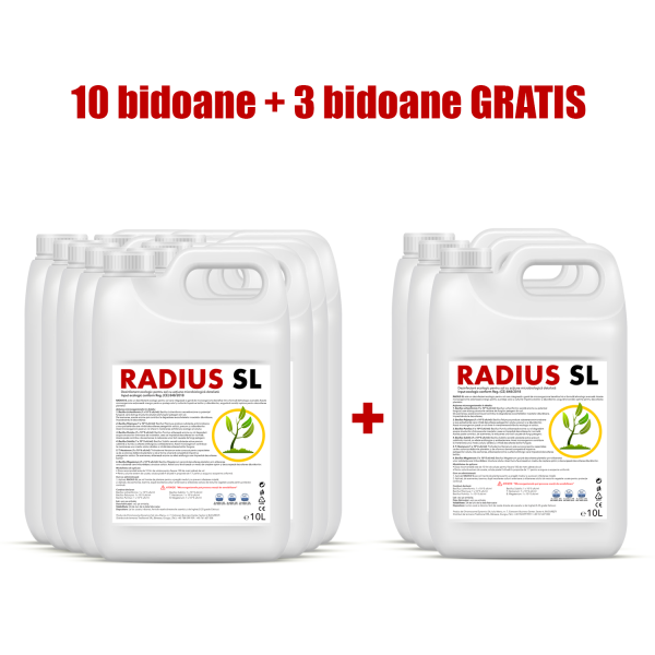 Pachet promotional Radius SL, dezinfectant ecologic pentru sere, gradini si solarii, 10 litri, SemPlus, 10 bidoane + 3 bidoane GRATIS