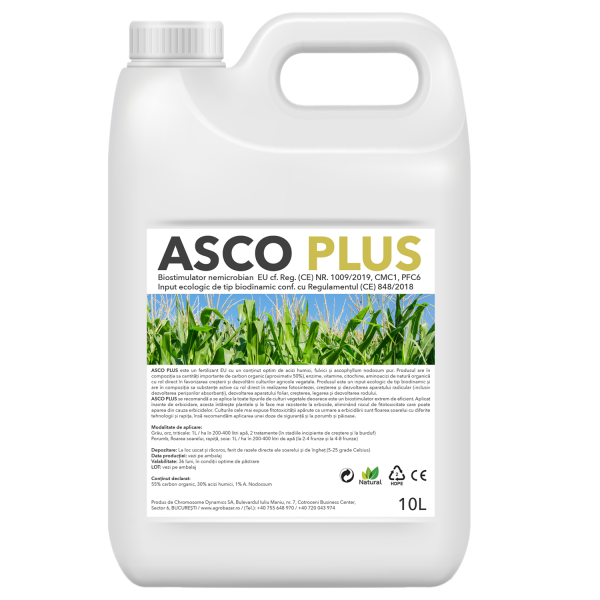 Asco Plus, biostimulator nemicrobian cu rol protector împotriva efectelor de fitotoxicitate apărute ca urmare a erbicidarii florii soarelui, rapiței, porumbului, grâului etc, 10 litri, SemPlus